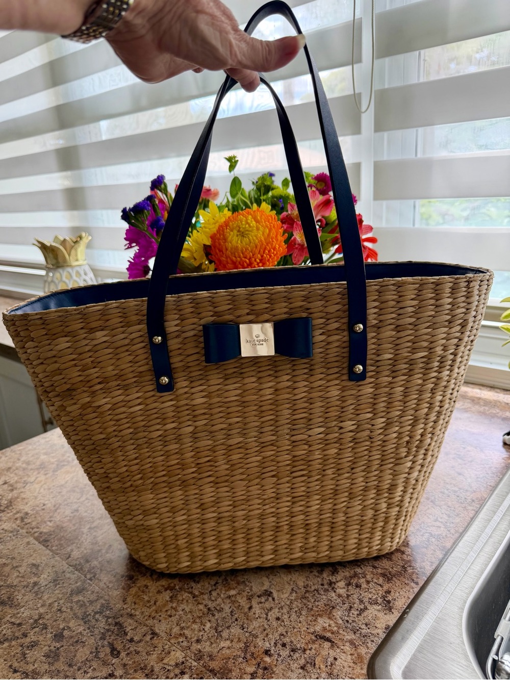 Kate Spade New York 'via limoni - aria' straw tote bag with navy leather handles